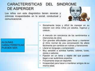 CARACTERISTICAS DEL SINDROME 
DE ASPERGER 
Los niños con este diagnóstico tienen severas y 
crónicas incapacidades en lo social, conductual y 
comunicacional. 
ALGUNAS 
CARACTERISTICAS 
PUEDEN SER: 
• Socialmente torpe y difícil de manejar en su 
relación con otros niños y/o adultos. Ingenuo y 
crédulo . 
• A menudo sin conciencia de los sentimientos e 
intenciones de otros 
• Con grandes dificultades para llevar y mantener 
el ritmo normal de una conversación Se altera 
fácilmente por cambios en rutinas y transiciones 
• Literal en lenguaje y comprensión 
• Muy sensible a sonidos fuertes, colores, luces, 
olores o sabores 
• Fijación en un tema u objeto del que pueden 
llegar a ser auténticos expertos 
• Físicamente torpe en deportes 
• Incapacidad para hacer o mantener amigos de su 
misma edad. 
 