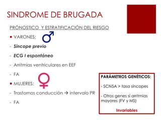 PRÓNOSTICO Y ESTRATIFICACIÓN DEL RIESGO
 VARONES:
- Síncope previo
- ECG I espontáneo
- Arritmias ventriculares en EEF
- FA
 MUJERES:
- Trastornos conducción  intervalo PR
- FA
SINDROME DE BRUGADA
PARÁMETROS GENÉTICOS:
- SCN5A > tasa síncopes
- Otros genes sí arritmias
mayores (FV y MS)
Invariables
 