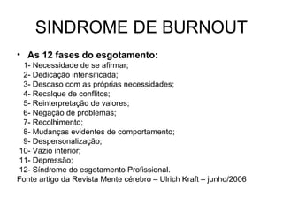 SINDROME DE BURNOUT
• As 12 fases do esgotamento:
1- Necessidade de se afirmar;
2- Dedicação intensificada;
3- Descaso com as próprias necessidades;
4- Recalque de conflitos;
5- Reinterpretação de valores;
6- Negação de problemas;
7- Recolhimento;
8- Mudanças evidentes de comportamento;
9- Despersonalização;
10- Vazio interior;
11- Depressão;
12- Síndrome do esgotamento Profissional.
Fonte artigo da Revista Mente cérebro – Ulrich Kraft – junho/2006
 