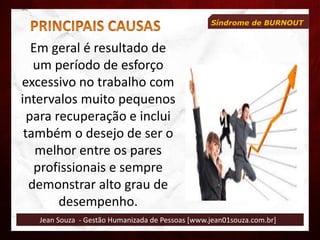Jean Souza - Gestão Humanizada de Pessoas [www.jean01souza.com.br]
Síndrome de BURNOUT
Em geral é resultado de
um período de esforço
excessivo no trabalho com
intervalos muito pequenos
para recuperação e inclui
também o desejo de ser o
melhor entre os pares
profissionais e sempre
demonstrar alto grau de
desempenho.
 