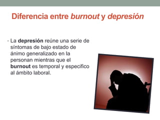 Diferencia entre burnout y depresión
• La depresión reúne una serie de
síntomas de bajo estado de
ánimo generalizado en la
personan mientras que el
burnout es temporal y especifico
al ámbito laboral.
 