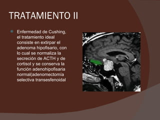 TRATAMIENTO II
   Enfermedad de Cushing,
    el tratamiento ideal
    consiste en extirpar el
    adenoma hipofisario, con
    lo cual se normaliza la
    secreción de ACTH y de
    cortisol y se conserva la
    función adenohipofisaria
    normal(adenomectomía
    selectiva transesfenoidal
 