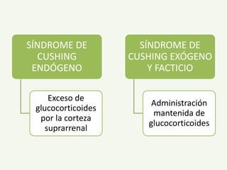 SÍNDROME DE
CUSHING
ENDÓGENO
Exceso de
glucocorticoides
por la corteza
suprarrenal
SÍNDROME DE
CUSHING EXÓGENO
Y FACTICIO
Administración
mantenida de
glucocorticoides
 