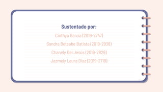 Sustentado por:
Cinthya García (2019-2747)
Sandra Betsabe Batista (2019-2938)
Chanely Del Jesús (2019-2829)
Jazmely Laura Diaz (2019-2718)
 