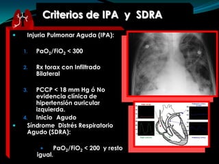 Criterios de IPA  y  SDRAInjuria Pulmonar Aguda (IPA):PaO2/FiO2 < 300Rxtorax con Infiltrado BilateralPCCP < 18 mm Hg ó No evidenciaclínica de hipertensión auricularizquierda.Inicio 	AgudoSíndrome  Distrés Respiratorio Agudo (SDRA):PaO2/FiO2 < 200  y resto igual.					