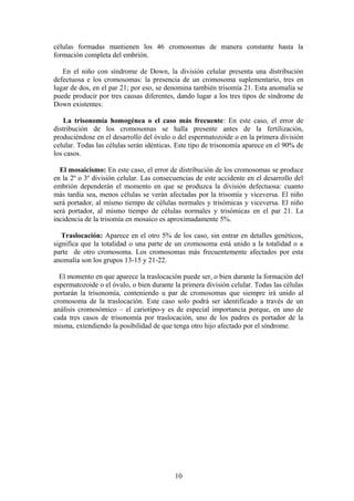 células formadas mantienen los 46 cromosomas de manera constante hasta la
formación completa del embrión.
En el niño con síndrome de Down, la división celular presenta una distribución
defectuosa e los cromosomas: la presencia de un cromosoma suplementario, tres en
lugar de dos, en el par 21; por eso, se denomina también trisomía 21. Esta anomalía se
puede producir por tres causas diferentes, dando lugar a los tres tipos de síndrome de
Down existentes:
La trisonomía homogénea o el caso más frecuente: En este caso, el error de
distribución de los cromosomas se halla presente antes de la fertilización,
produciéndose en el desarrollo del óvulo o del espermatozoide o en la primera división
celular. Todas las células serán idénticas. Este tipo de trisonomía aparece en el 90% de
los casos.
El mosaicismo: En este caso, el error de distribución de los cromosomas se produce
en la 2º o 3º división celular. Las consecuencias de este accidente en el desarrollo del
embrión dependerán el momento en que se produzca la división defectuosa: cuanto
más tardía sea, menos células se verán afectadas por la trisomía y viceversa. El niño
será portador, al mismo tiempo de células normales y trisómicas y viceversa. El niño
será portador, al mismo tiempo de células normales y trisómicas en el par 21. La
incidencia de la trisomía en mosaico es aproximadamente 5%.
Traslocación: Aparece en el otro 5% de los caso, sin entrar en detalles genéticos,
significa que la totalidad o una parte de un cromosoma está unido a la totalidad o a
parte de otro cromosoma. Los cromosomas más frecuentemente afectados por esta
anomalía son los grupos 13-15 y 21-22.
El momento en que aparece la traslocación puede ser, o bien durante la formación del
espermatozoide o el óvulo, o bien durante la primera división celular. Todas las células
portarán la trisonomía, conteniendo u par de cromosomas que siempre irá unido al
cromosoma de la traslocación. Este caso solo podrá ser identificado a través de un
análisis cromosómico – el cariotipo-y es de especial importancia porque, en uno de
cada tres casos de trisonomía por traslocación, uno de los padres es portador de la
misma, extendiendo la posibilidad de que tenga otro hijo afectado por el síndrome.
10
 