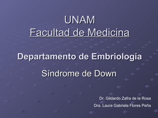 UNAM Facultad de Medicina Departamento de Embriología Síndrome de Down Dr. Gildardo Zafra de la Rosa Dra. Laura Gabriela Flores Peña 
