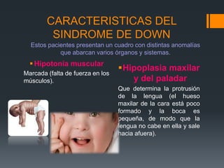 CARACTERISTICAS DEL
SINDROME DE DOWN
Hipotonía muscular
Marcada (falta de fuerza en los
músculos).
Hipoplasia maxilar
y del paladar
Que determina la protrusión
de la lengua (el hueso
maxilar de la cara está poco
formado y la boca es
pequeña, de modo que la
lengua no cabe en ella y sale
hacia afuera).
Estos pacientes presentan un cuadro con distintas anomalías
que abarcan varios órganos y sistemas.
 