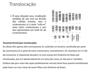 Trissomia Parcial (por translocação)
As células têm apenas dois cromossomas 21, existindo um terceiro, constituído por parte
do cromossoma 21 e parte de outro cromossoma, normalmente o 14. Acontece em 3 a 4%
das trissomias; É importante descobrir se uma criança tem Síndrome de Down por
translocação, pois em aproximadamente um terço dos casos um dos pais é "portador'.
Embora este pai e esta mãe sejam perfeitamente normais tanto física quanto mentalmente,
pode haver um risco maior de terem filhos com Síndrome de Down.
 