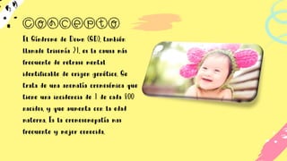 Concepto
El Síndrome de Down (SD), también
llamado trisomía 21, es la causa más
frecuente de retraso mental
identificable de origen genético. Se
trata de una anomalía cromosómica que
tiene una incidencia de 1 de cada 800
nacidos, y que aumenta con la edad
materna. Es la cromosomopatía mas
frecuente y mejor conocida.
 