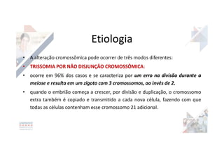 Etiologia
• A alteração cromossômica pode ocorrer de três modos diferentes:
• TRISSOMIA POR NÃO DISJUNÇÃO CROMOSSÔMICA:
• ocorre em 96% dos casos e se caracteriza por um erro na divisão durante a
meiose e resulta em um zigoto com 3 cromossomos, ao invés de 2.
• quando o embrião começa a crescer, por divisão e duplicação, o cromossomo
extra também é copiado e transmitido a cada nova célula, fazendo com que
todas as células contenham esse cromossomo 21 adicional.
 