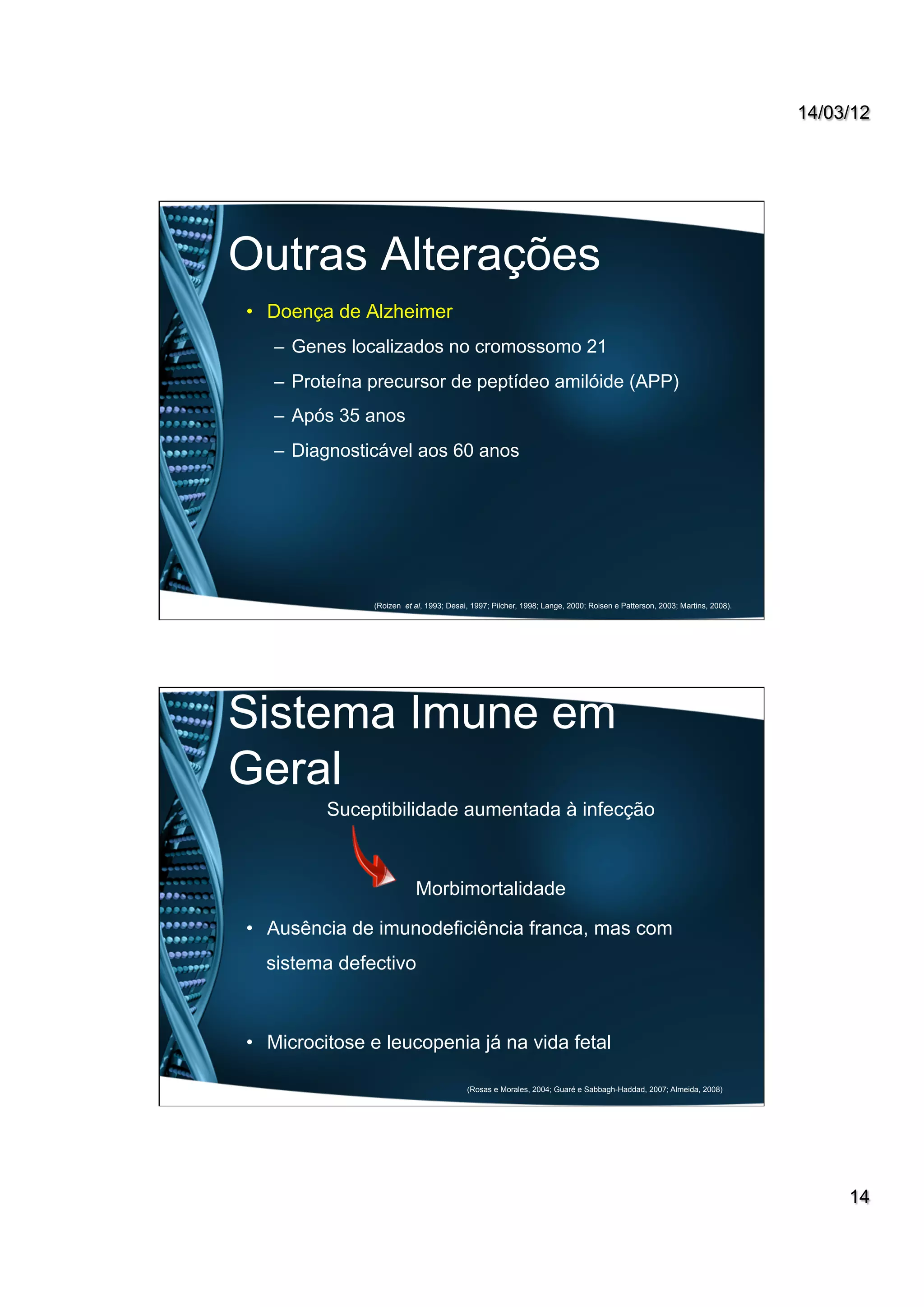 14/03/12
14
Outras Alterações
•  Doença de Alzheimer
–  Genes localizados no cromossomo 21
–  Proteína precursor de peptídeo amilóide (APP)
–  Após 35 anos
–  Diagnosticável aos 60 anos
(Roizen et al, 1993; Desai, 1997; Pilcher, 1998; Lange, 2000; Roisen e Patterson, 2003; Martins, 2008).
Sistema Imune em
Geral
Suceptibilidade aumentada à infecção
Morbimortalidade
•  Ausência de imunodeficiência franca, mas com
sistema defectivo
•  Microcitose e leucopenia já na vida fetal
(Rosas e Morales, 2004; Guaré e Sabbagh-Haddad, 2007; Almeida, 2008)
 