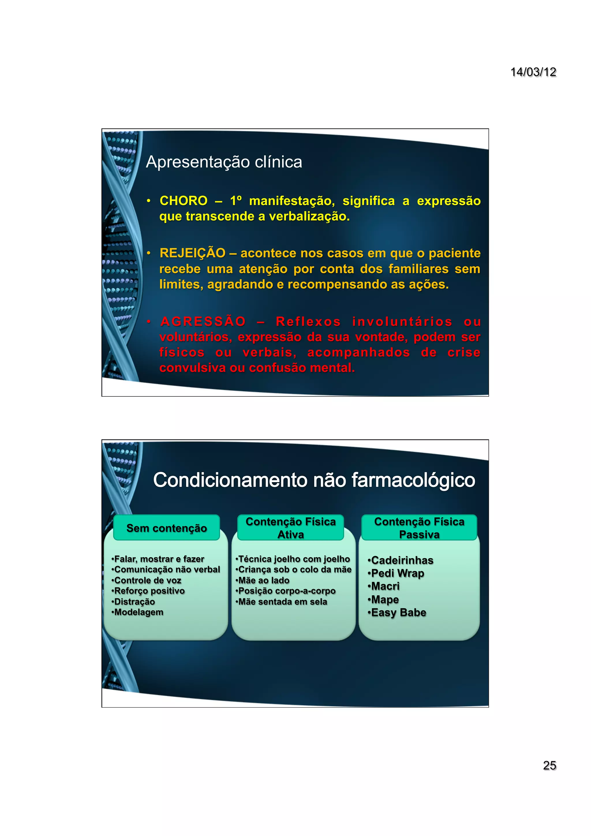 14/03/12
25
Apresentação clínica
•  CHORO – 1º manifestação, significa a expressão
que transcende a verbalização.
•  REJEIÇÃO – acontece nos casos em que o paciente
recebe uma atenção por conta dos familiares sem
limites, agradando e recompensando as ações.
•  AGRESSÃO – Reflexos involuntários ou
voluntários, expressão da sua vontade, podem ser
físicos ou verbais, acompanhados de crise
convulsiva ou confusão mental.
Sem contenção
Contenção Física
Ativa
Contenção Física
Passiva
• Falar, mostrar e fazer
• Comunicação não verbal
• Controle de voz
• Reforço positivo
• Distração
• Modelagem
• Técnica joelho com joelho
• Criança sob o colo da mãe
• Mãe ao lado
• Posição corpo-a-corpo
• Mãe sentada em sela
• Cadeirinhas
• Pedi Wrap
• Macri
• Mape
• Easy Babe
 