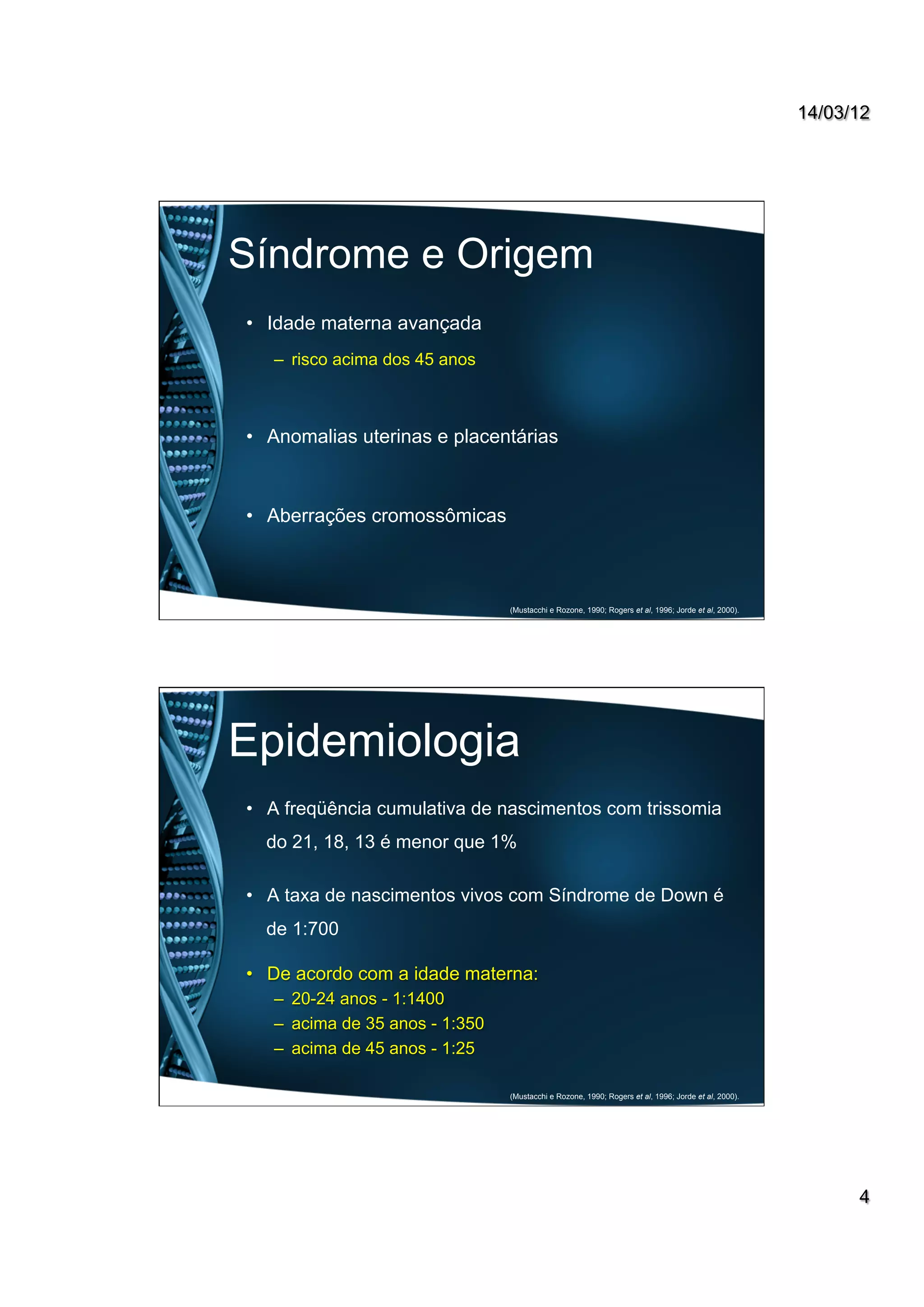 14/03/12
4
Síndrome e Origem
•  Idade materna avançada
–  risco acima dos 45 anos
•  Anomalias uterinas e placentárias
•  Aberrações cromossômicas
(Mustacchi e Rozone, 1990; Rogers et al, 1996; Jorde et al, 2000).
Epidemiologia
•  A freqüência cumulativa de nascimentos com trissomia
do 21, 18, 13 é menor que 1%
•  A taxa de nascimentos vivos com Síndrome de Down é
de 1:700
•  De acordo com a idade materna:
–  20-24 anos - 1:1400
–  acima de 35 anos - 1:350
–  acima de 45 anos - 1:25
(Mustacchi e Rozone, 1990; Rogers et al, 1996; Jorde et al, 2000).
 