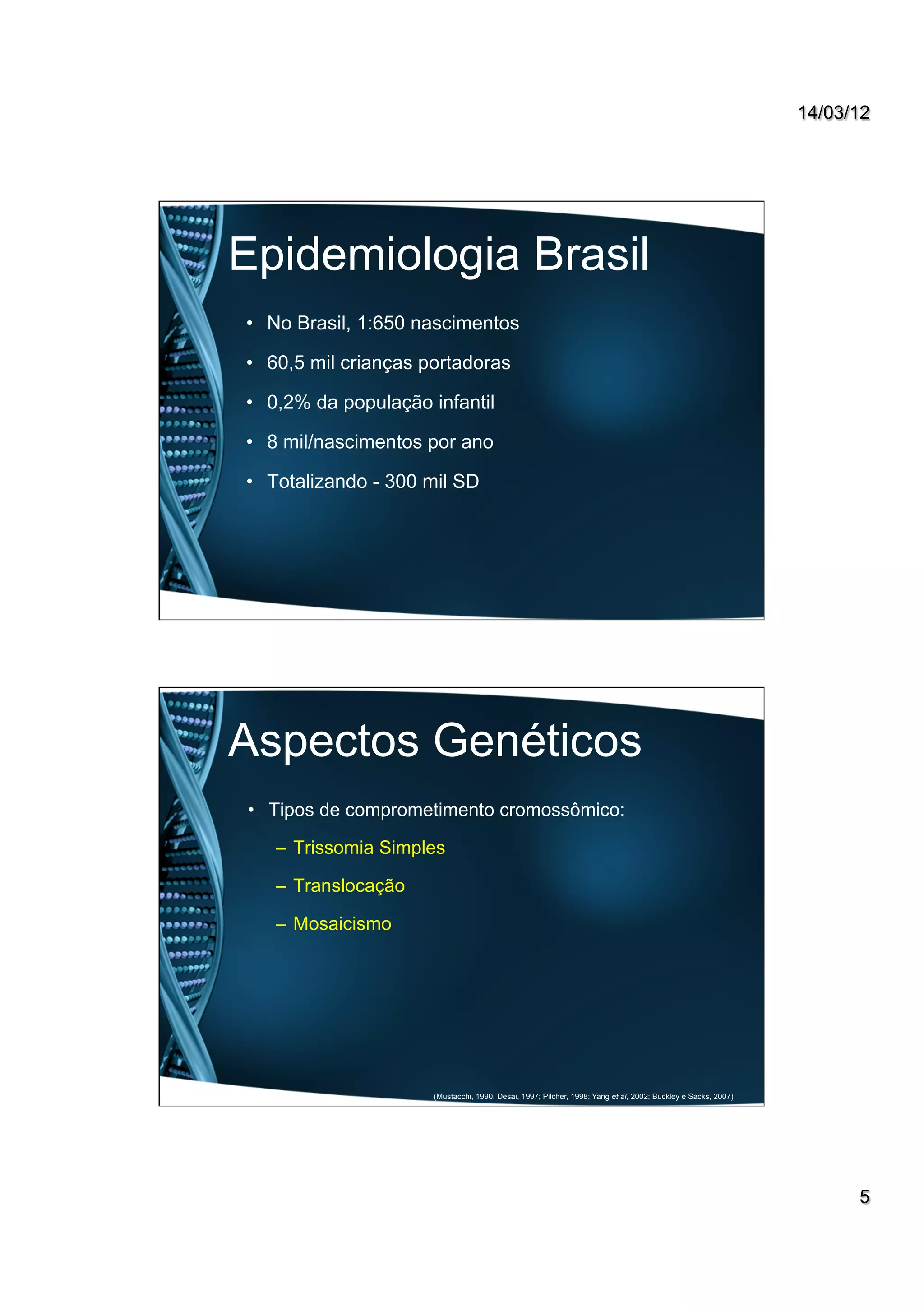 14/03/12
5
Epidemiologia Brasil
•  No Brasil, 1:650 nascimentos
•  60,5 mil crianças portadoras
•  0,2% da população infantil
•  8 mil/nascimentos por ano
•  Totalizando - 300 mil SD
(Viera et al., 2005)
Aspectos Genéticos
•  Tipos de comprometimento cromossômico:
–  Trissomia Simples
–  Translocação
–  Mosaicismo
(Mustacchi, 1990; Desai, 1997; Pilcher, 1998; Yang et al, 2002; Buckley e Sacks, 2007)
 