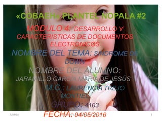 «COBAEH« PLANTEL NOPALA #2
MODULO 4: DESARROLLO Y
CARACTERISTICAS DE DOCUMENTOS
ELECTRONICOS
NOMBRE DEL TEMA: SINDROME DE
DOWN
NOMBRE DEL ALUMNO:
JARAMILLO GARCÍA MARIA DE JESÚS
M.C.: LAURENCIA TREJO
MONTIEL
GRUPO: 4103
FECHA: 04/05/20165/04/16 MARIA DE JESUS JARAMILLO GARCIA 1
 