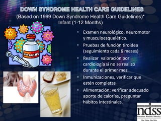 DOWN SYNDROME HEALTH CARE GUIDELINES (Based on 1999 Down Syndrome Health Care Guidelines)* Neonatal (Birth-1 Month)Evaluación nutricional, para asegurar una ingesta adecuada de calorías.Realizar periódicamente pruebas de función tiroidea (cada 6 meses)Realizar tamiz auditivo para evaluar la audición neurosensorial congénita (al nacimiento o hacia los  3 meses).Evaluación oftalmológica (a los 6 meses) con fines de detección oportuna de anormalidadesEstimulación infantil temprana (rehabilitación)