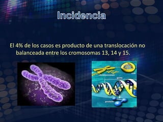 IncidenciaEl 4% de los casos es producto de una translocaciónno balanceada entre los cromosomas 13, 14 y 15.