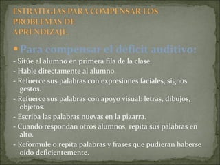 Para compensar el déficit auditivo: - Sitúe al alumno en primera fila de la clase. - Hable directamente al alumno. - Refuerce sus palabras con expresiones faciales, signos gestos. - Refuerce sus palabras con apoyo visual: letras, dibujos, objetos. - Escriba las palabras nuevas en la pizarra. - Cuando respondan otros alumnos, repita sus palabras en alto. - Reformule o repita palabras y frases que pudieran haberse oído deficientemente. 