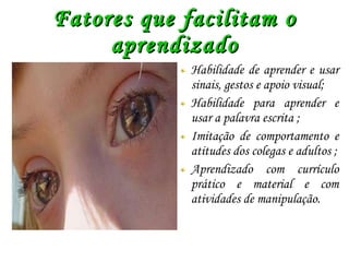 Fatores que facilitam o aprendizado Habilidade de aprender e usar sinais, gestos e apoio visual; Habilidade para aprender e usar a palavra escrita ; Imitação de comportamento e atitudes dos colegas e adultos ; Aprendizado com currículo prático e material e com atividades de manipulação. 