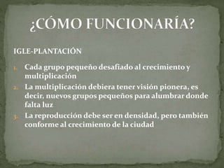 IGLE-PLANTACIÓN
1. Cada grupo pequeño desafiado al crecimiento y
multiplicación
2. La multiplicación debiera tener visión pionera, es
decir, nuevos grupos pequeños para alumbrar donde
falta luz
3. La reproducción debe ser en densidad, pero también
conforme al crecimiento de la ciudad
 