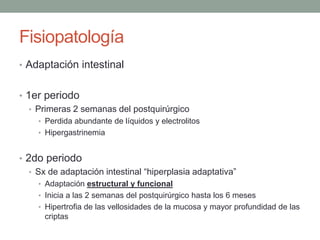 Fisiopatología
• Adaptación intestinal


• 1er periodo
   • Primeras 2 semanas del postquirúrgico
     • Perdida abundante de líquidos y electrolitos
     • Hipergastrinemia


• 2do periodo
   • Sx de adaptación intestinal “hiperplasia adaptativa”
     • Adaptación estructural y funcional
     • Inicia a las 2 semanas del postquirúrgico hasta los 6 meses
     • Hipertrofia de las vellosidades de la mucosa y mayor profundidad de las
      criptas
 
