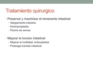 Tratamiento quirurgico
• Preservar y maximizar el remanente intestinal
  • Alargamiento intestina
  • Estricturoplastia
  • Parche de serosa


• Mejorar la funcion intestinal
  • Mejorar la motilidad: enteroplastia
  • Prolongar transito intestinal
 