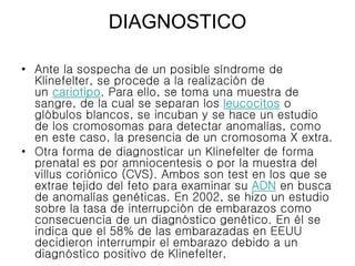 DIAGNOSTICO
• Ante la sospecha de un posible síndrome de
Klinefelter, se procede a la realización de
un cariotipo. Para ello, se toma una muestra de
sangre, de la cual se separan los leucocitos o
glóbulos blancos, se incuban y se hace un estudio
de los cromosomas para detectar anomalías, como
en este caso, la presencia de un cromosoma X extra.
• Otra forma de diagnosticar un Klinefelter de forma
prenatal es por amniocentesis o por la muestra del
villus coriónico (CVS). Ambos son test en los que se
extrae tejido del feto para examinar su ADN en busca
de anomalías genéticas. En 2002, se hizo un estudio
sobre la tasa de interrupción de embarazos como
consecuencia de un diagnóstico genético. En él se
indica que el 58% de las embarazadas en EEUU
decidieron interrumpir el embarazo debido a un
diagnóstico positivo de Klinefelter.
 
