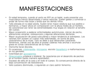 MANIFESTACIONES
• En edad temprana, cuando el varón es XXY es un bebé, suele presentar una
musculatura menos desarrollada y fuerza reducida. Suelen gatear y comenzar a
andar de forma más torpe y tardía que los demás niños.
• Talla elevada en la edad adulta. Suelen tener mayor estatura que sus padres y
hermanos, y mayor altura en comparación con la altura media de un hombre.
Se caracterizan por tener las extremedidades muy largas en relación al tamaño
del cuerpo.
• Mayor propensión a padecer enfermedades autoinmunes, cáncer de pecho,
alteraciones venarias, osteoporosis y algunas alteraciones dentarias.
• Mayor acumulación de grasa subcutánea y mayor tendencia al sobrepeso. Los
varones XXY poseen un cuerpo más redondeado, en forma de pera,
característico de la mujer. Esto se debe a que desarrollan caracteres
femeninos, siendo uno de ellos el poseer caderas más anchas o acumular
grasa en zonas características de la mujer.
• Dismorfia facial discreta.
• En ocasiones, criptorquidia, micropene, escroto hipoplásico o malformaciones
en los genitales.
• Esterilidad por azoospermia.
• Ginecomastia unilateral o bilateral. Se caracteriza por el desarrollo de pechos
en el hombre (tejido mamario agrandado).
• Escasez de vello en la cara y en todo el cuerpo. Es consecuencia directa de la
baja concentración de testosterona.
• Vello pubiano disminuido, o siguiendo un claro patrón femenino.
 