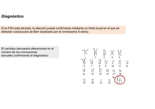 Diagnóstico
Si la FSH está elevada, la afección puede confirmarse mediante un frotis bucal en el que se
detectan corpúsculos de Barr (explicado por el cromosoma X extra).
El cariotipo demuestra alteraciones en el
número de los cromosomas
sexuales confirmando el diagnóstico.
 