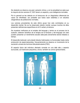 No obstante se observa una gran variación clínica, y en la actualidad se sabe que
la mayoría de los varones 47, XXY tienen un aspecto y una inteligencia normales.

Por lo general se les detecta en el transcurso de un diagnóstico diferencial de
casos de infertilidad, (es probable que todos sean estériles) o en estudios
citogenéticos de poblaciones normales.

Los varones procedentes de este último grupo han sido controlados en su
desarrollo mental. No se ha observado retardo mental, aunque muchos de ellos
presentan deficiencias específicas en el CI verbal y la lectura.

Se muestran ineficaces en el empleo del lenguaje y lentos en el proceso de la
audición; obtienen beneficio de la terapia de la fonación y del lenguaje con esto
pueden presentar un rendimiento escolar adecuado obviamente siendo tratados a
tiempo.

El desarrollo testicular varía desde túbulos hialinizados no funcionales hasta cierta
producción de espermatozoides, frecuentemente se observa un incremento de la
excreción urinaria de hormona foliculostimulante (FSH).

El aspecto típico del individuo afectado consiste en una talla alta y aspecto
eunucoide, con testículos pequeños y duros, también es común ginecomastia.




                                         (4)
 