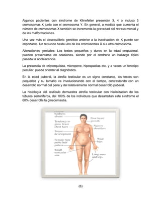 Algunos pacientes con síndrome de Klinefelter presentan 3, 4 o incluso 5
cromosomas X junto con el cromosoma Y. En general, a medida que aumenta el
número de cromosomas X también se incrementa la gravedad del retraso mental y
de las malformaciones.

Una vez más el desequilibrio genético anterior a la inactivación de X puede ser
importante. Un reducido hasta uno de los cromosomas X o a otro cromosoma.

Alteraciones genitales: Los testes pequeños y duros en la edad prepuberal,
pueden presentarse en ocasiones, siendo por el contrario un hallazgo típico
pasada la adolescencia.

La presencia de criptorquídea, micropene, hipospadias etc. y a veces un fenotipo
peculiar, puede orientar al diagnóstico.

En la edad puberal, la atrofia testicular es un signo constante, los testes son
pequeños y su tamaño va involucionando con el tiempo, contrastando con un
desarrollo normal del pene y del relativamente normal desarrollo puberal.

La histología del testículo demuestra atrofia testicular con hialinización de los
túbulos seminíferos, del 100% de los individuos que desarrollan este síndrome el
60% desarrolla la ginecomastia.




                                       (6)
 
