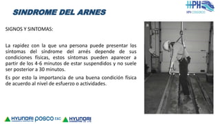 SIGNOS Y SINTOMAS:
La rapidez con la que una persona puede presentar los
síntomas del síndrome del arnés depende de sus
condiciones físicas, estos síntomas pueden aparecer a
partir de los 4-6 minutos de estar suspendidos y no suele
ser posterior a 30 minutos.
Es por esto la importancia de una buena condición física
de acuerdo al nivel de esfuerzo o actividades.
SINDROME DEL ARNES
 