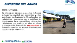 COMO PREVENIRLO:
Lo primero son las acciones genéricas destinadas
a divulgar su gravedad, para concientizar y evitar
que alguien pueda padecerlo. Mentalizando a los
trabajadores y destacando que la posibilidad de
muerte puede darse en cuestión de minutos. Los
trabajadores que realicen su labor en altura
utilizando arnés deben recibir entrenamiento y
formación específica en técnicas de rescate para
realizar trabajos de éste tipo.
SINDROME DEL ARNES
 