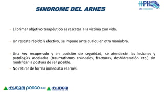 SINDROME DEL ARNES
- El primer objetivo terapéutico es rescatar a la victima con vida.
- Un rescate rápido y efectivo, se impone ante cualquier otra maniobra.
- Una vez recuperado y en posición de seguridad, se atenderán las lesiones y
patologías asociadas (traumatismos craneales, fracturas, deshidratación etc.) sin
modificar la postura de ser posible.
- No retirar de forma inmediata el arnés.
 