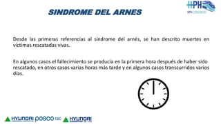 SINDROME DEL ARNES
Desde las primeras referencias al síndrome del arnés, se han descrito muertes en
víctimas rescatadas vivas.
En algunos casos el fallecimiento se producía en la primera hora después de haber sido
rescatado, en otros casos varias horas más tarde y en algunos casos transcurridos varios
días.
 