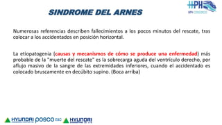 SINDROME DEL ARNES
Numerosas referencias describen fallecimientos a los pocos minutos del rescate, tras
colocar a los accidentados en posición horizontal.
La etiopatogenia (causas y mecanismos de cómo se produce una enfermedad) más
probable de la "muerte del rescate" es la sobrecarga aguda del ventrículo derecho, por
aflujo masivo de la sangre de las extremidades inferiores, cuando el accidentado es
colocado bruscamente en decúbito supino. (Boca arriba)
 