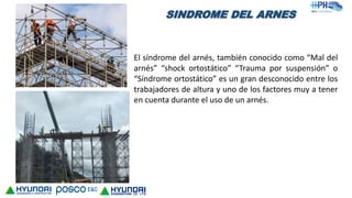 SINDROME DEL ARNES
El síndrome del arnés, también conocido como “Mal del
arnés” “shock ortostático” “Trauma por suspensión” o
“Síndrome ortostático” es un gran desconocido entre los
trabajadores de altura y uno de los factores muy a tener
en cuenta durante el uso de un arnés.
 