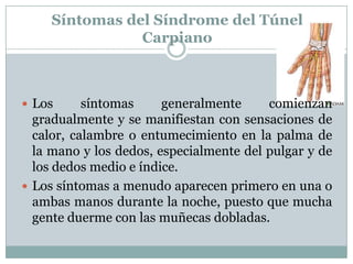 Síntomas del Síndrome del Túnel CarpianoLos síntomas generalmente comienzan gradualmente y se manifiestan con sensaciones de calor, calambre o entumecimiento en la palma de la mano y los dedos, especialmente del pulgar y de los dedos medio e índice. Los síntomas a menudo aparecen primero en una o ambas manos durante la noche, puesto que mucha gente duerme con las muñecas dobladas.