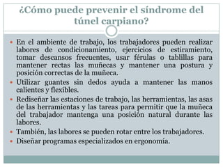 ¿Cómo puede prevenir el síndrome del túnel carpiano?En el ambiente de trabajo, los trabajadores pueden realizar labores de condicionamiento, ejercicios de estiramiento, tomar descansos frecuentes, usar férulas o tablillas para mantener rectas las muñecas y mantener una postura y posición correctas de la muñeca. Utilizar guantes sin dedos ayuda a mantener las manos calientes y flexibles.Rediseñar las estaciones de trabajo, las herramientas, las asas de las herramientas y las tareas para permitir que la muñeca del trabajador mantenga una posición natural durante las labores. También, las labores se pueden rotar entre los trabajadores.Diseñar programas especializados en ergonomía.