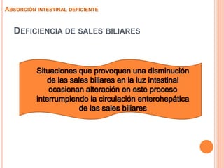 DEFICIENCIA DE SALES BILIARES
ABSORCIÓN INTESTINAL DEFICIENTE
 