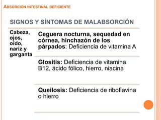 SIGNOS Y SÍNTOMAS DE MALABSORCIÓN
Cabeza,
ojos,
oído,
nariz y
garganta
Ceguera nocturna, sequedad en
córnea, hinchazón de los
párpados: Deficiencia de vitamina A
Glositis: Deficiencia de vitamina
B12, ácido fólico, hierro, niacina
Queilosis: Deficiencia de riboflavina
o hierro
ABSORCIÓN INTESTINAL DEFICIENTE
 