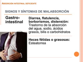 SIGNOS Y SÍNTOMAS DE MALABSORCIÓN
Gastro-
intestinal
Diarrea, flatulencia,
borborismos, distensión:
Trastorno de la absorción
del agua, sodio, ácidos
grasos, bilis o carbohidratos
Heces fétidas o grasosas:
Esteatorrea
ABSORCIÓN INTESTINAL DEFICIENTE
 