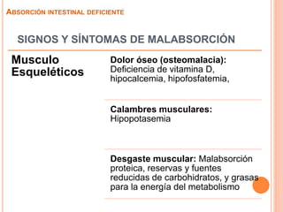 SIGNOS Y SÍNTOMAS DE MALABSORCIÓN
Musculo
Esqueléticos
Dolor óseo (osteomalacia):
Deficiencia de vitamina D,
hipocalcemia, hipofosfatemia,
Calambres musculares:
Hipopotasemia
Desgaste muscular: Malabsorción
proteica, reservas y fuentes
reducidas de carbohidratos, y grasas
para la energía del metabolismo
ABSORCIÓN INTESTINAL DEFICIENTE
 