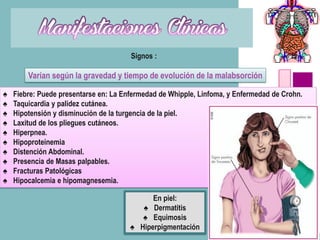 Sígnos :

        Varían según la gravedad y tiempo de evolución de la malabsorción

♠   Fiebre: Puede presentarse en: La Enfermedad de Whipple, Linfoma, y Enfermedad de Crohn.
♠   Taquicardia y palidez cutánea.
♠   Hipotensión y disminución de la turgencia de la piel.
♠   Laxitud de los pliegues cutáneos.
♠   Hiperpnea.
♠   Hipoproteinemia
♠   Distención Abdominal.
♠   Presencia de Masas palpables.
♠   Fracturas Patológicas
♠   Hipocalcemia e hipomagnesemia.

                                             En piel:
                                          ♠ Dermatitis
                                          ♠ Equimosis
                                       ♠ Hiperpigmentación
 