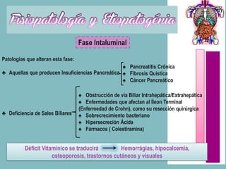 Fase Intaluminal

Patologías que alteran esta fase:
                                                   ♠ Pancreatitis Crónica
♣ Aquellas que producen Insuficiencias Pancreática ♠ Fibrosis Quística
                                                   ♠ Cáncer Pancreático

                                    ♠ Obstrucción de vía Biliar Intrahepática/Extrahepática
                                    ♠ Enfermedades que afectan al Íleon Terminal
                                    (Enfermedad de Crohn), como su resección quirúrgica
♣ Deficiencia de Sales Biliares     ♠ Sobrecrecimiento bacteriano
                                    ♠ Hipersecreción Ácida
                                    ♠ Fármacos ( Colestiramina)


          Déficit Vitamínico se traducirá         Hemorrágias, hipocalcemia,
                      osteoporosis, trastornos cutáneos y visuales
 