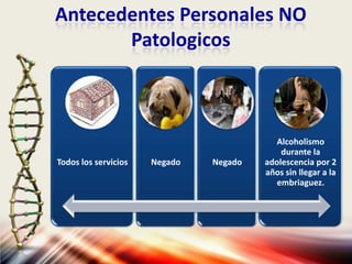 Antecedentes Personales NO
Patologicos
Todos los servicios Negado Negado
Alcoholismo
durante la
adolescencia por 2
años sin llegar a la
embriaguez.
 