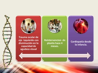 Trauma ocular de
ojo izquierdo con
disminución en la
capacidad de
agudeza visual
Reintervencion de
plastia hace 4
meses.
Cardiopatía desde
la infancia.
 