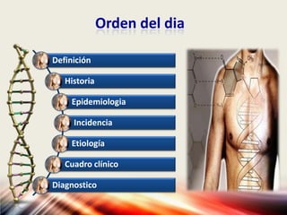 Orden del dia
Definición
Historia
Epidemiologia
Incidencia
Etiología
Cuadro clínico
Diagnostico
 