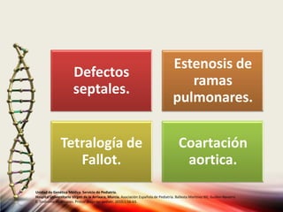 Defectos
septales.
Estenosis de
ramas
pulmonares.
Tetralogía de
Fallot.
Coartación
aortica.
Unidad de Genética Médica. Servicio de Pediatría.
Hospital Universitario Virgen de la Arrixaca, Murcia. Asociación Española de Pediatría. Ballesta Martinez MJ, Guillen-Navarro
E. Sindrome de Noonan. Protoc diagn ter pediatr. 2010;1:56-63.
 